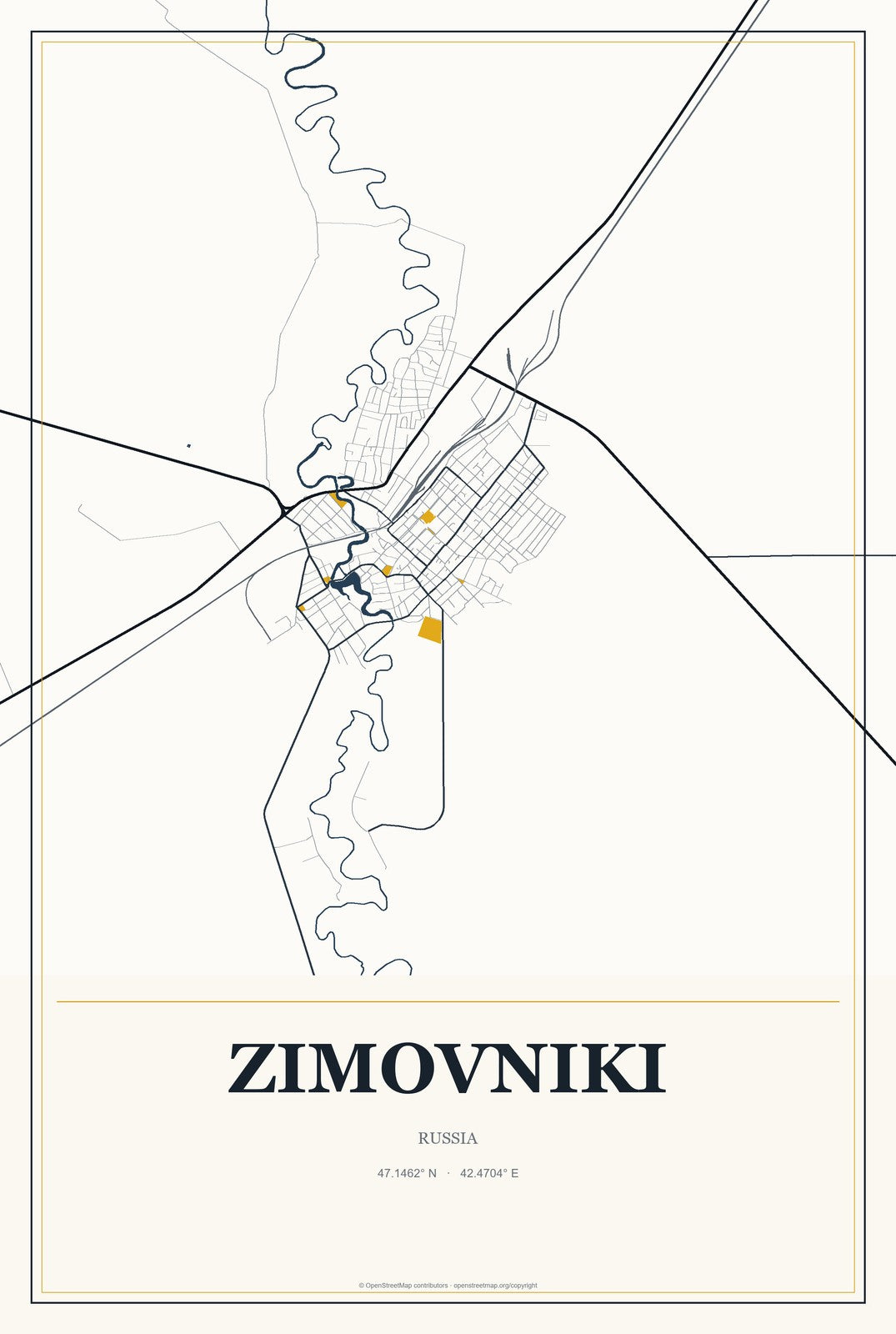 Zimovniki, Russia City Map Aluminum Sign in Citrine Modern style