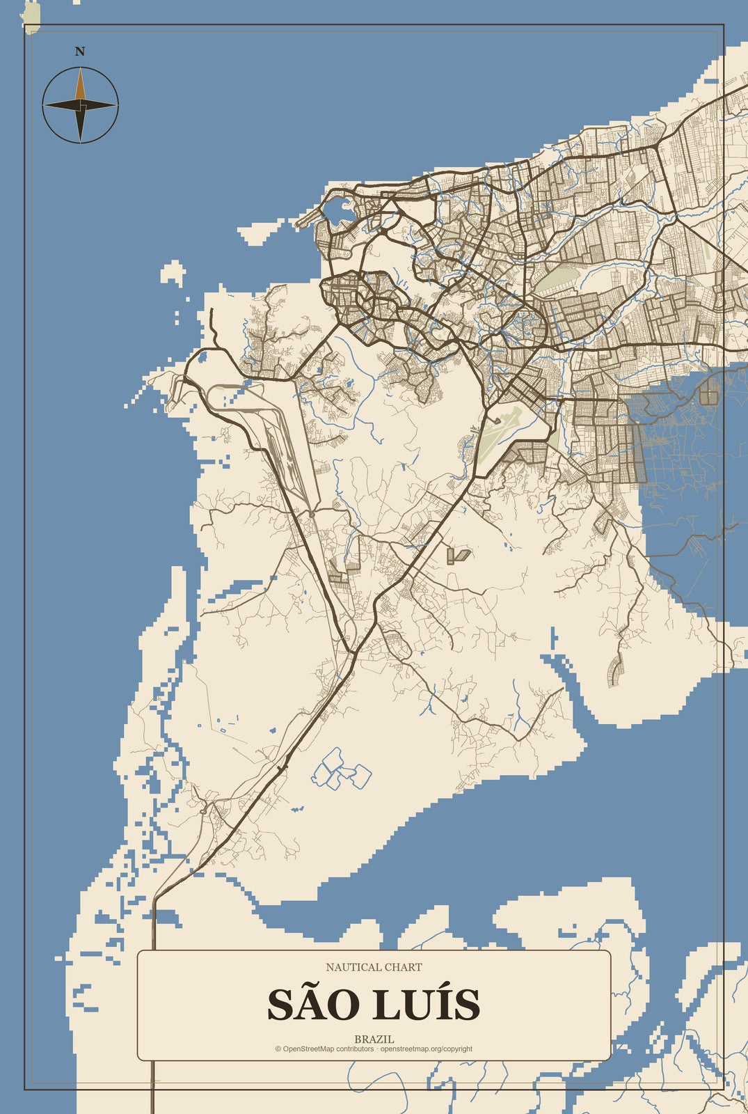 São Luís, Brazil City Map Aluminum Sign in Heritage Nautical style