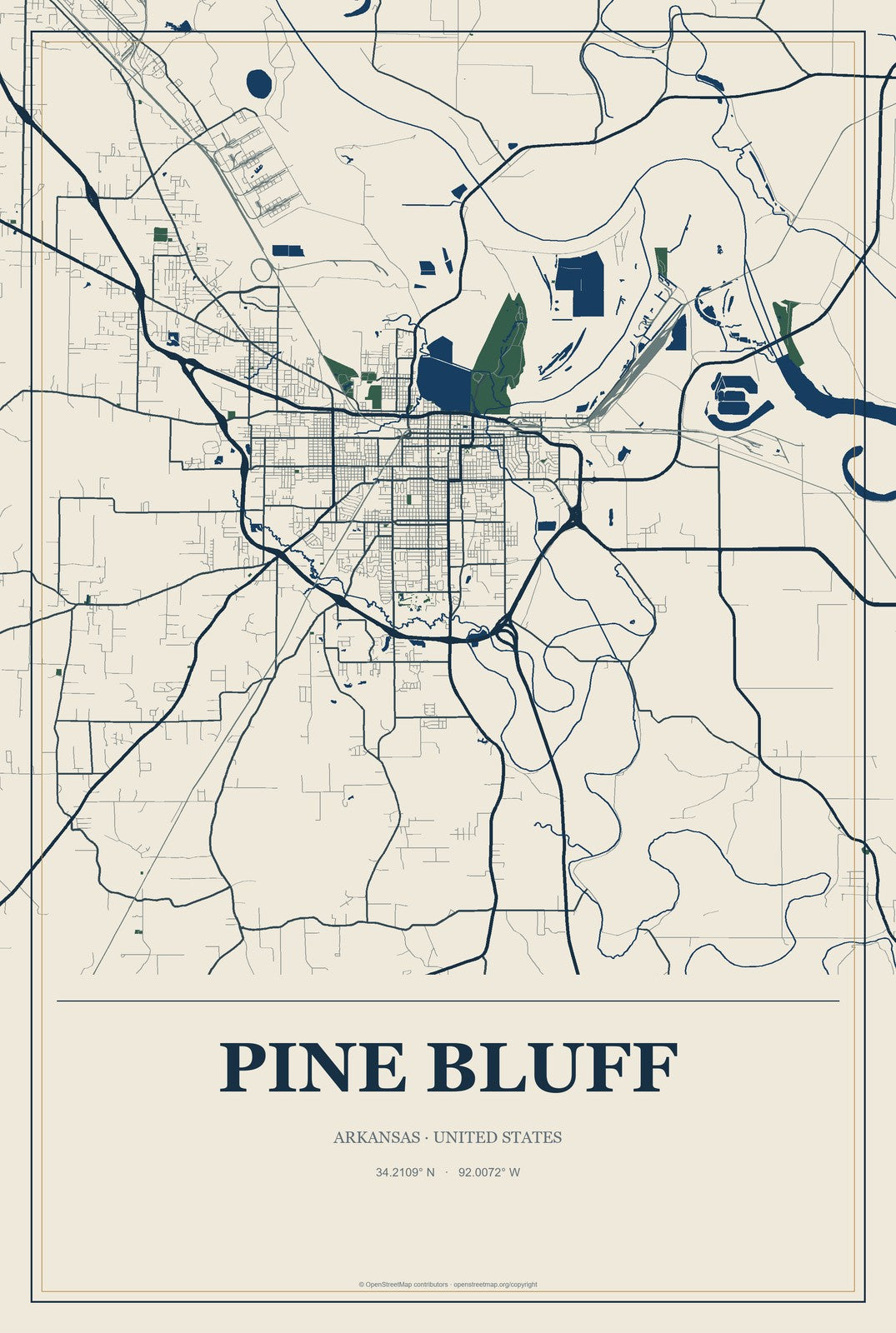 Pine Bluff, Arkansas City Map Aluminum Sign in Coastal Cutout style