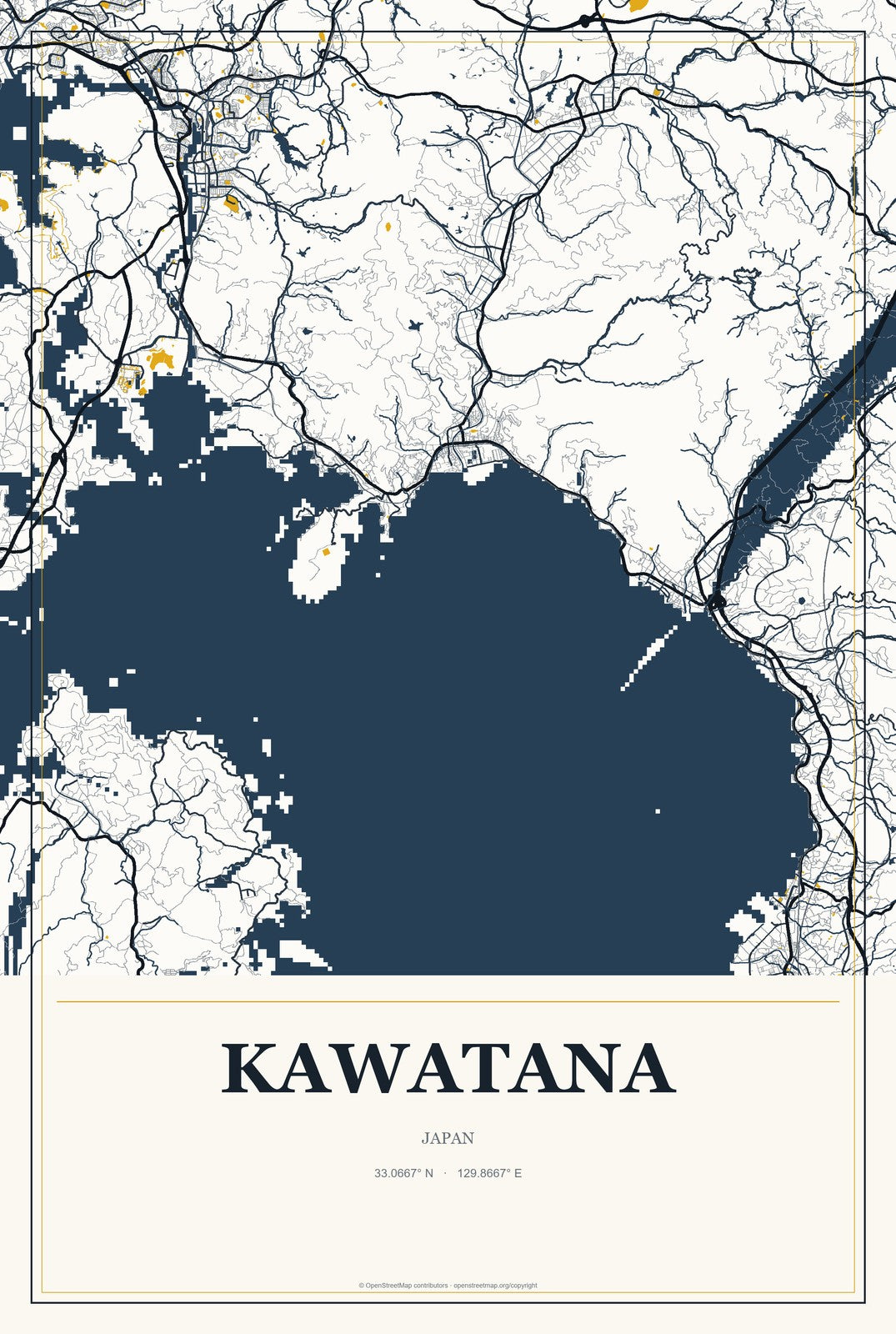 Kawatana, Japan City Map Aluminum Sign in Citrine Modern style