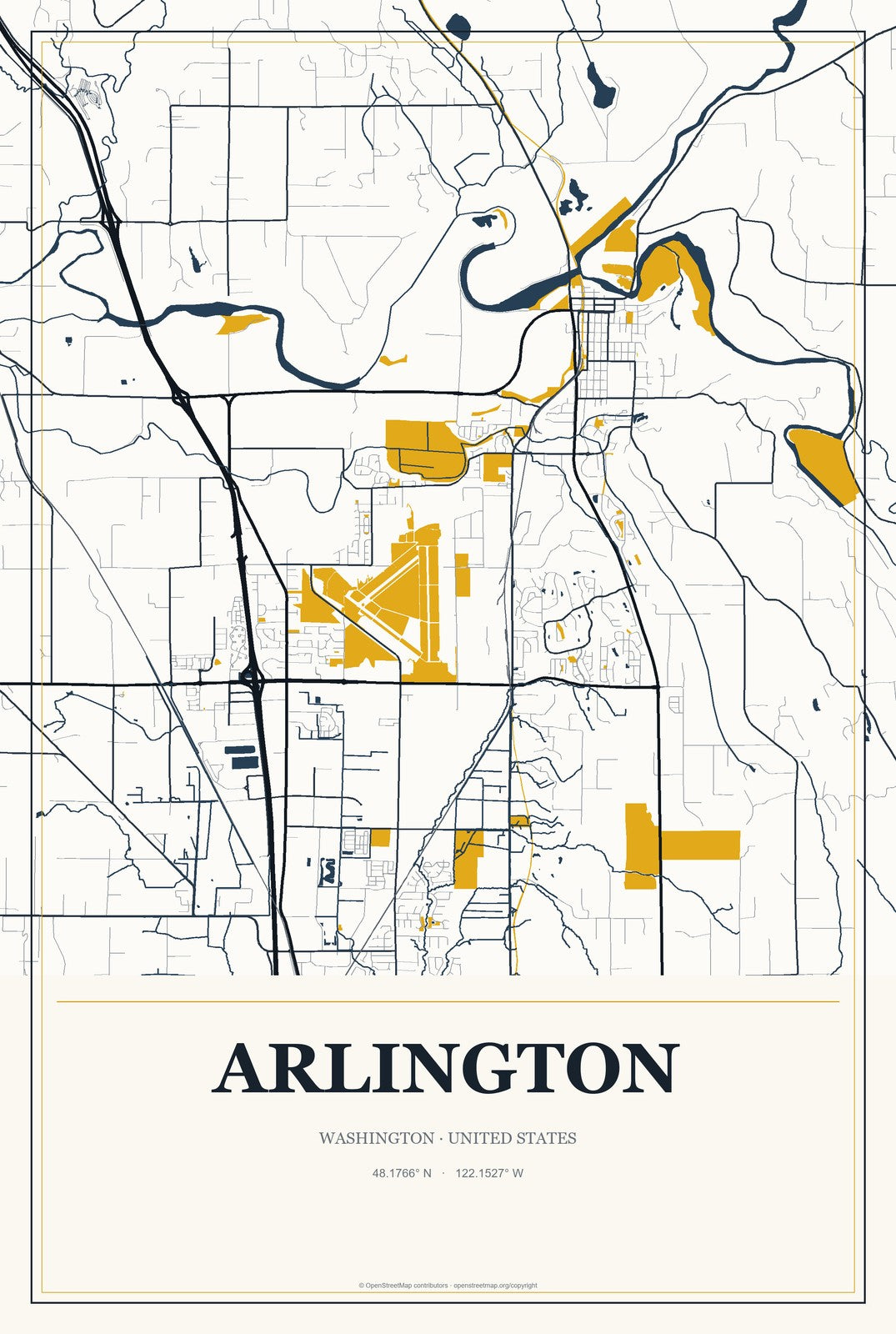 Arlington, Washington City Map Aluminum Sign in Citrine Modern style