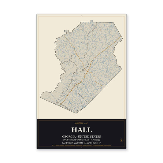 Hall County, Georgia Map Aluminum Sign in Museum Plaque style
