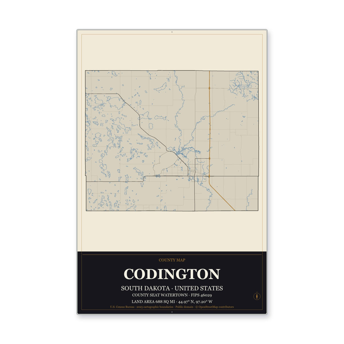 Codington County, South Dakota Map Aluminum Sign in Museum Plaque style