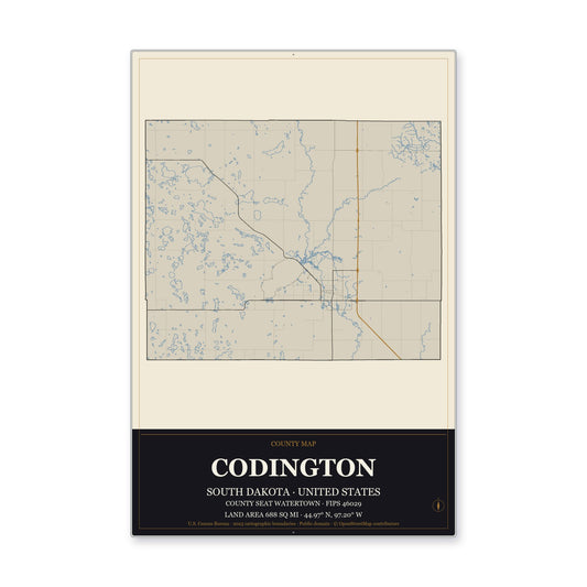 Codington County, South Dakota Map Aluminum Sign in Museum Plaque style
