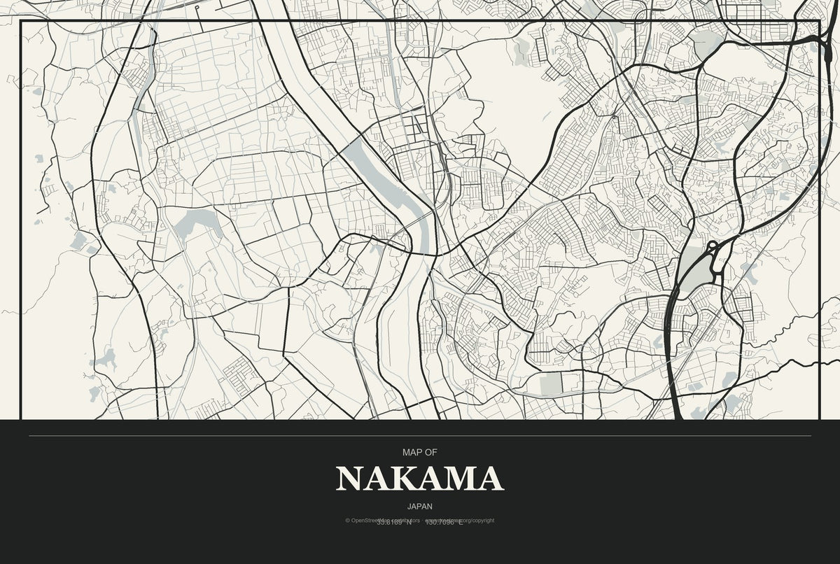 Nakama, Japan City Map Aluminum Sign in Museum Plaque style