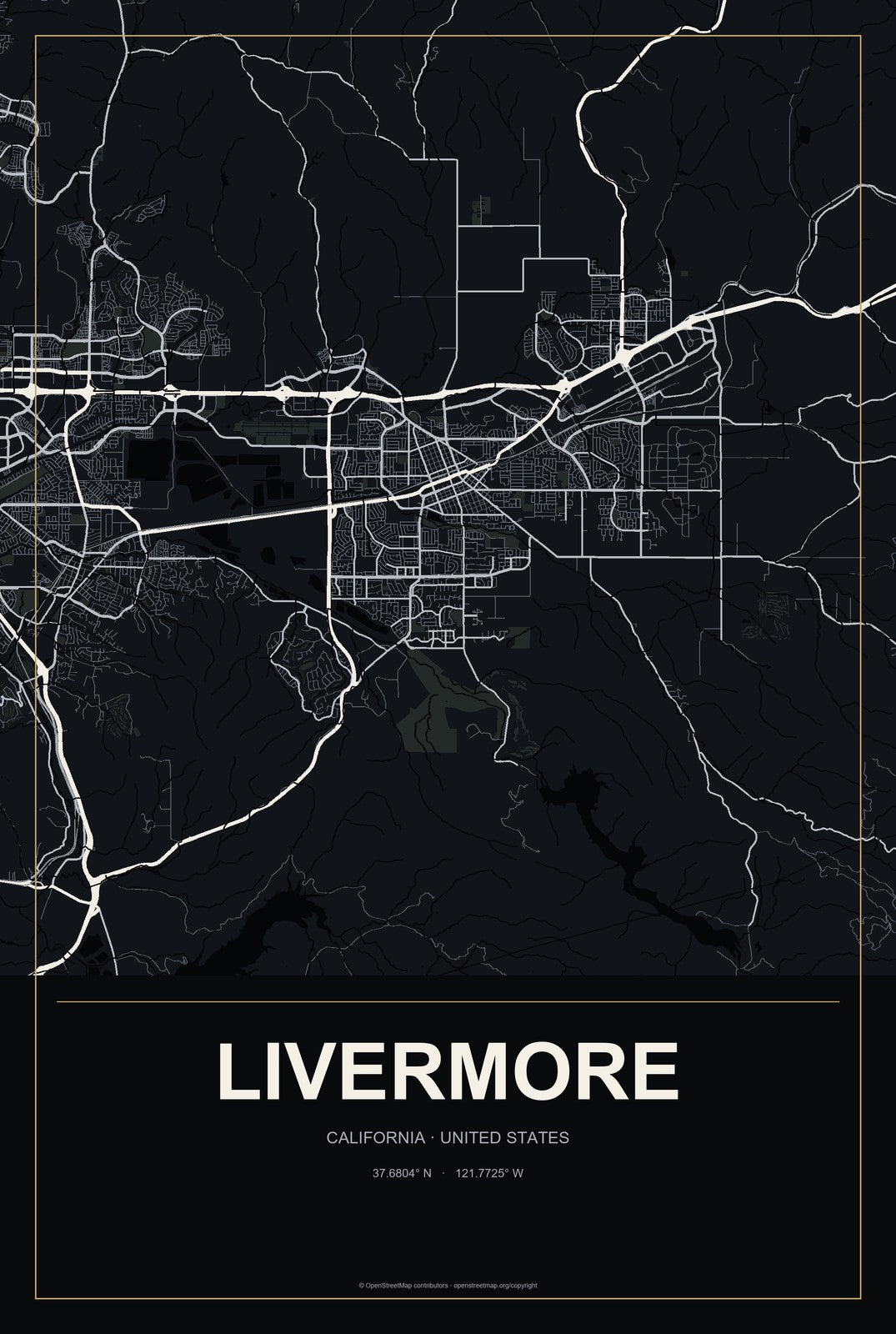 Livermore, California City Map Aluminum Sign in Metropolitan Noir style