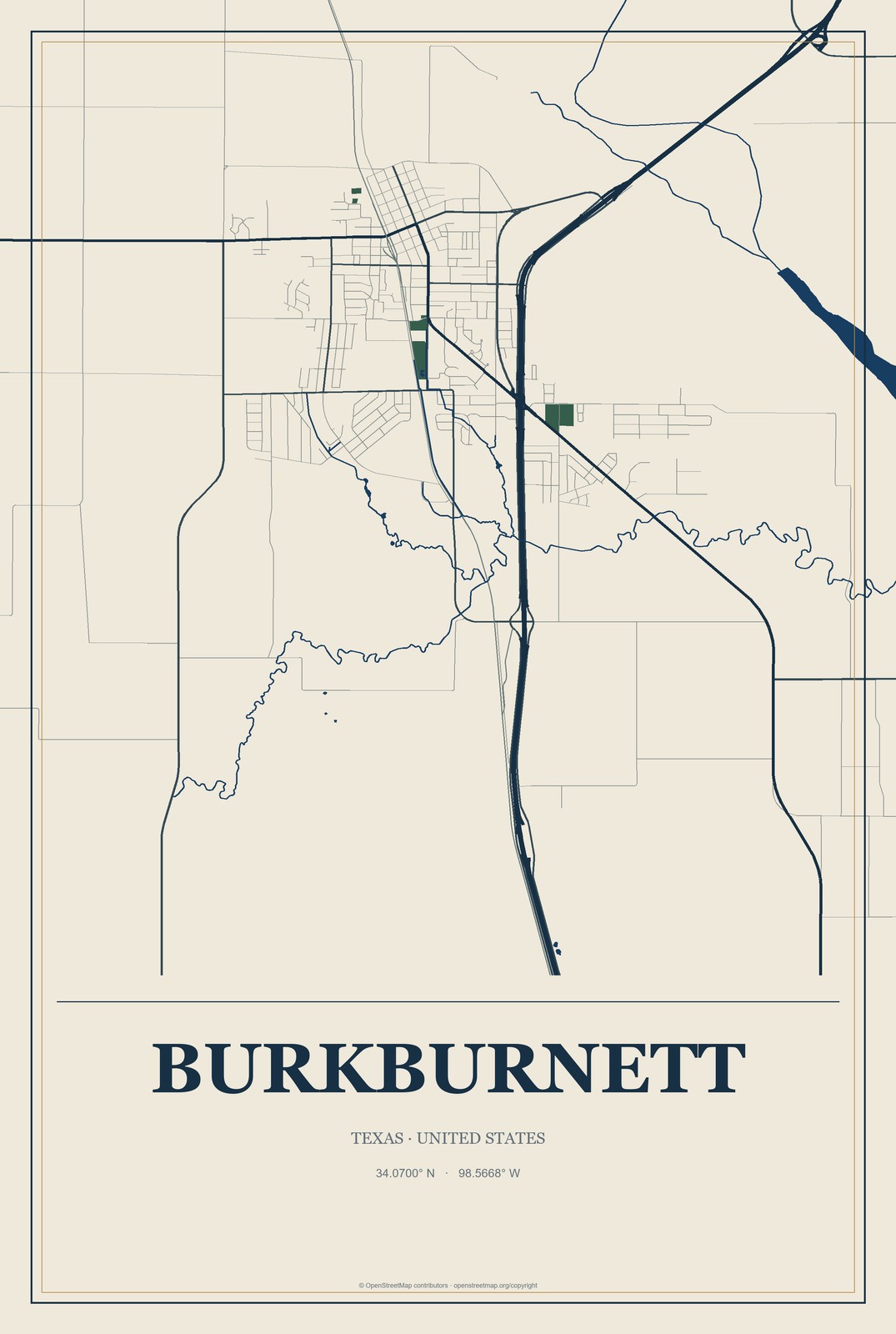 Burkburnett, Texas City Map Aluminum Sign in Coastal Cutout style