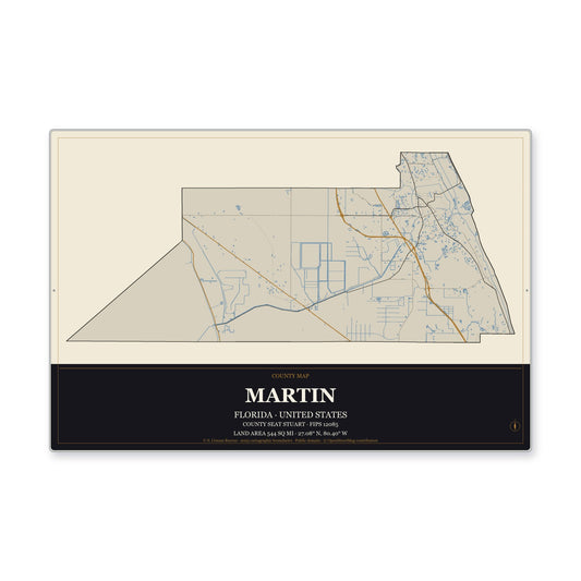 Martin County, Florida Map Aluminum Sign in Museum Plaque style