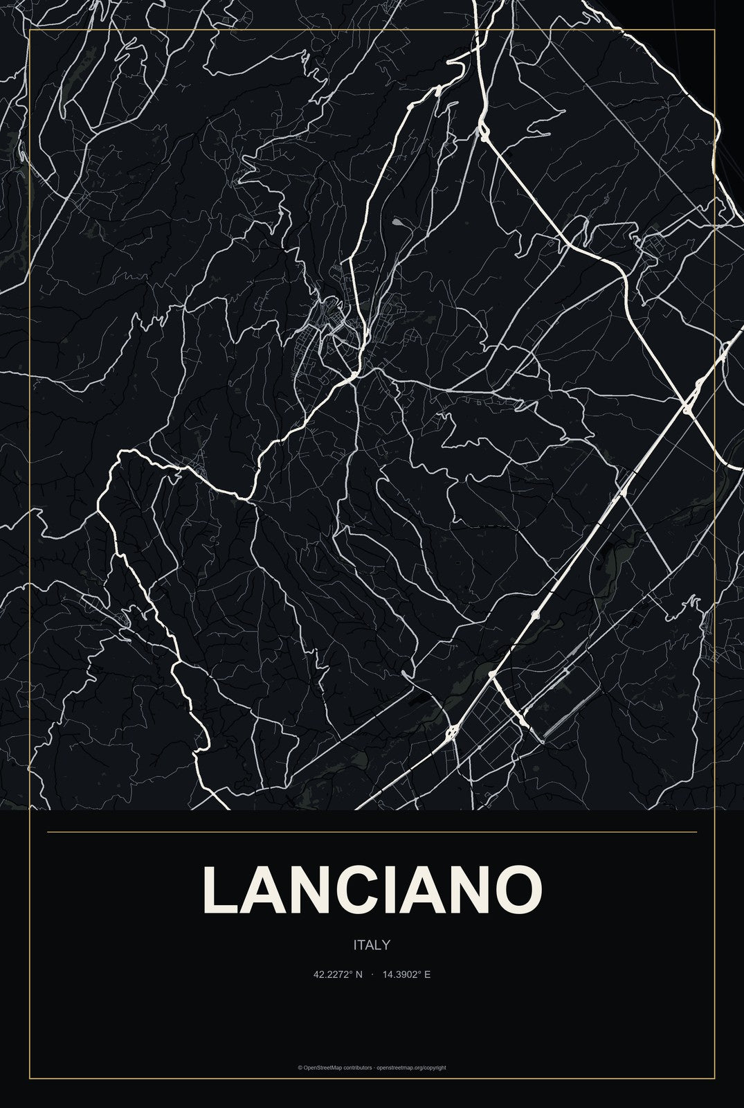 Lanciano, Italy City Map Aluminum Sign in Metropolitan Noir style