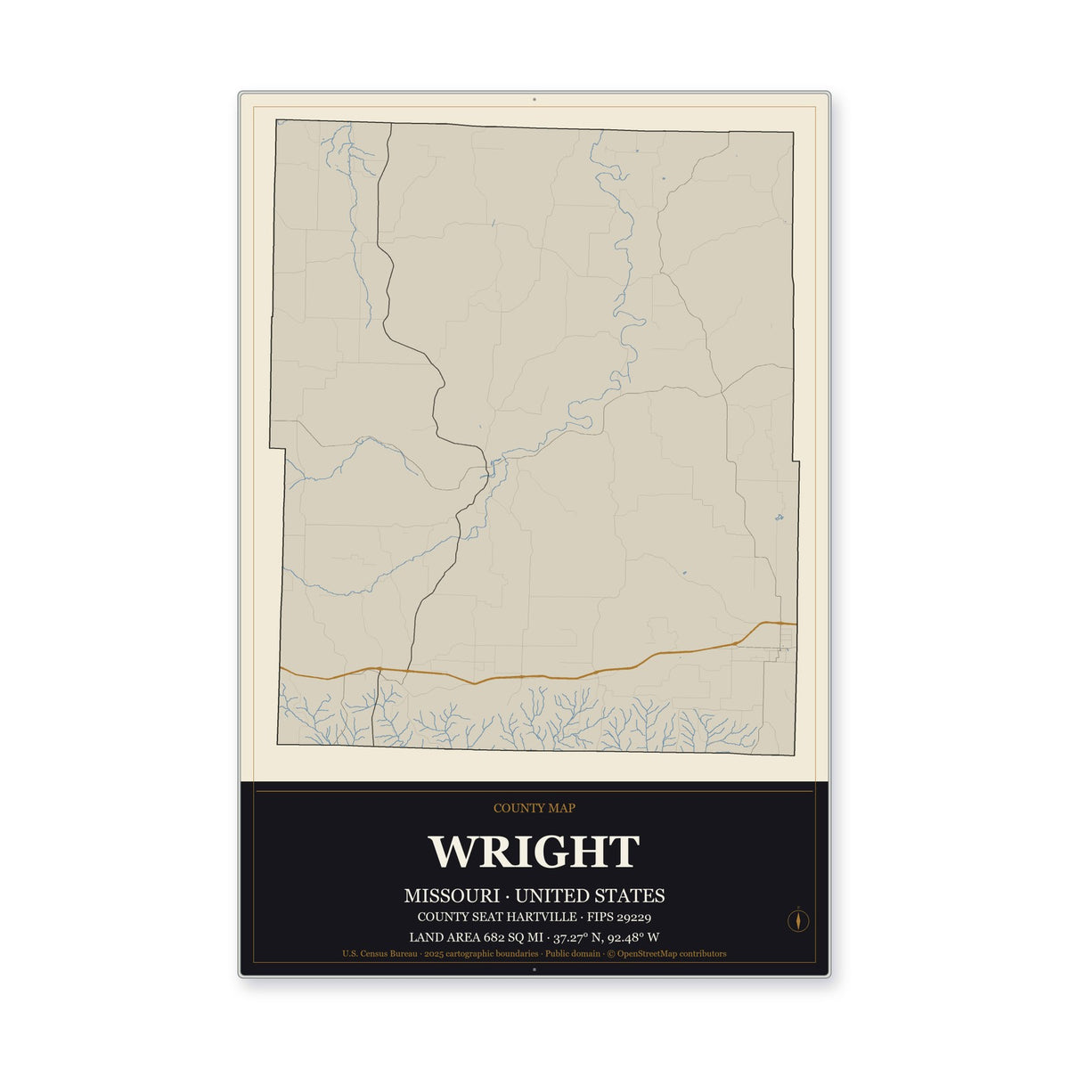Wright County, Missouri Map Aluminum Sign in Museum Plaque style
