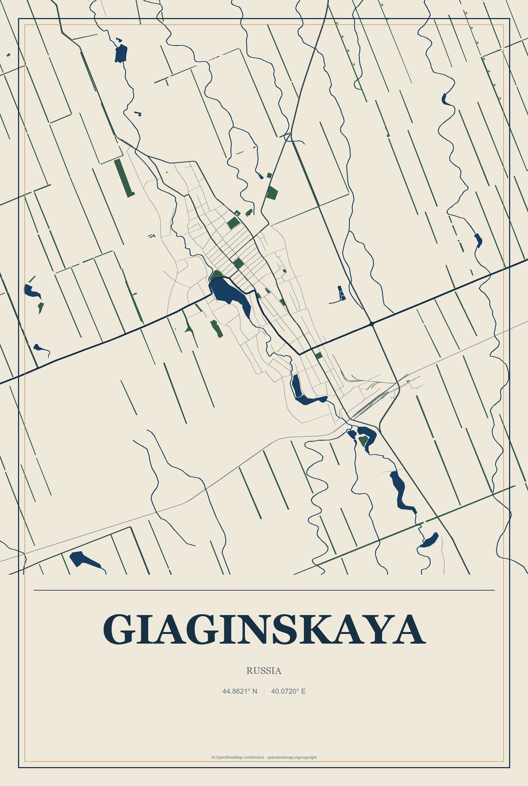 Giaginskaya, Russia City Map Aluminum Sign in Coastal Cutout style