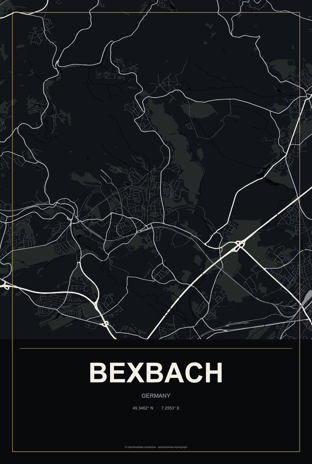 Bexbach, Germany City Map Aluminum Sign in Metropolitan Noir style