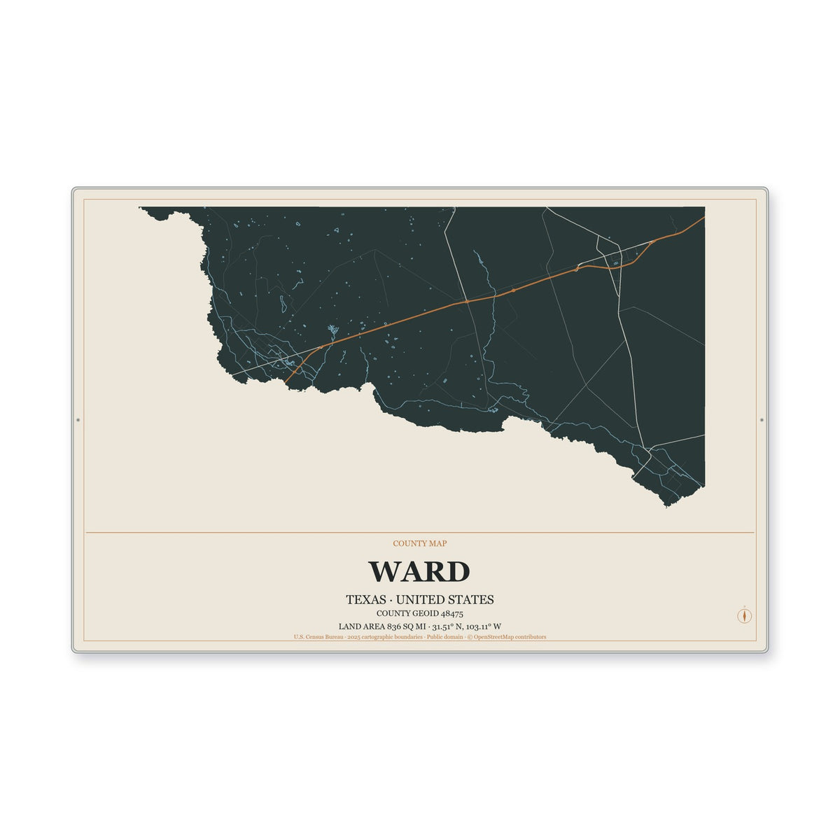 Ward County, Texas Map Aluminum Sign in Headline Atlas style