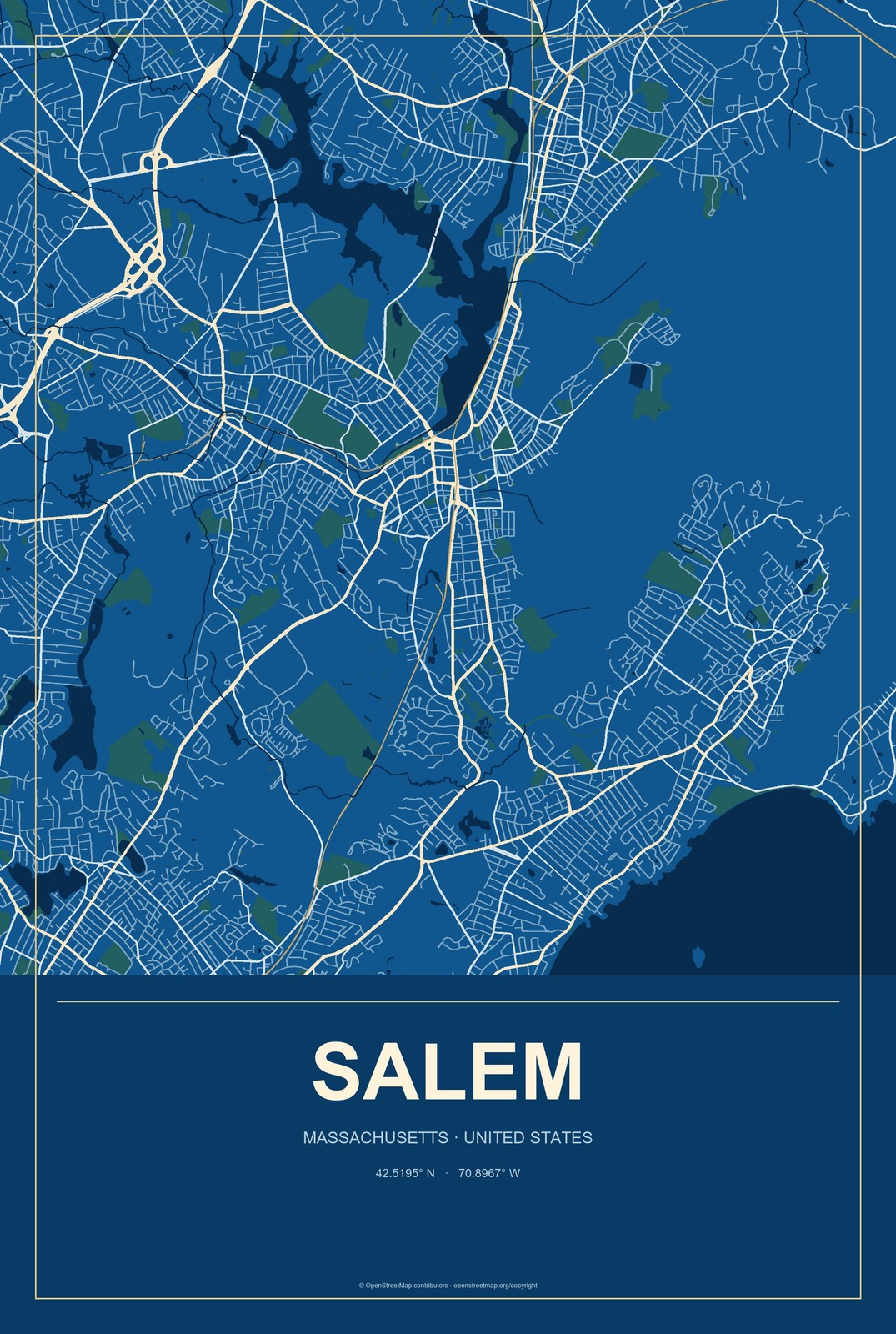 Salem, Massachusetts City Map Aluminum Sign in Harbor Cobalt style