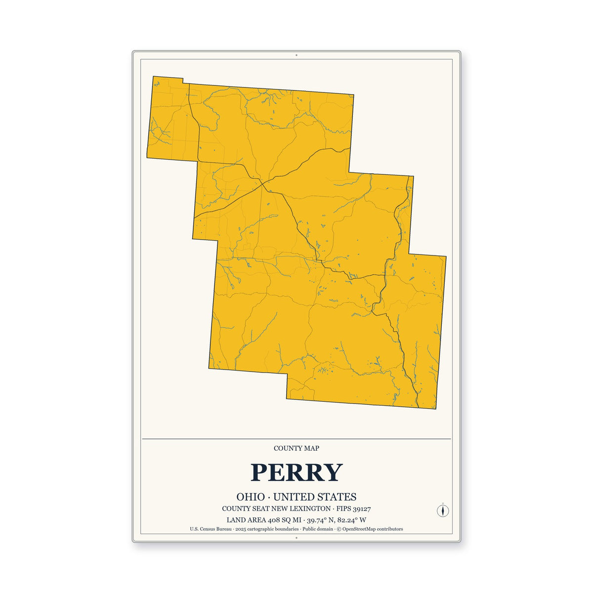 Perry County, Ohio Map Aluminum Sign in Citrine Modern style