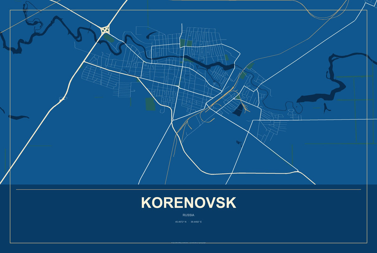 Korenovsk, Russia City Map Aluminum Sign in Harbor Cobalt style