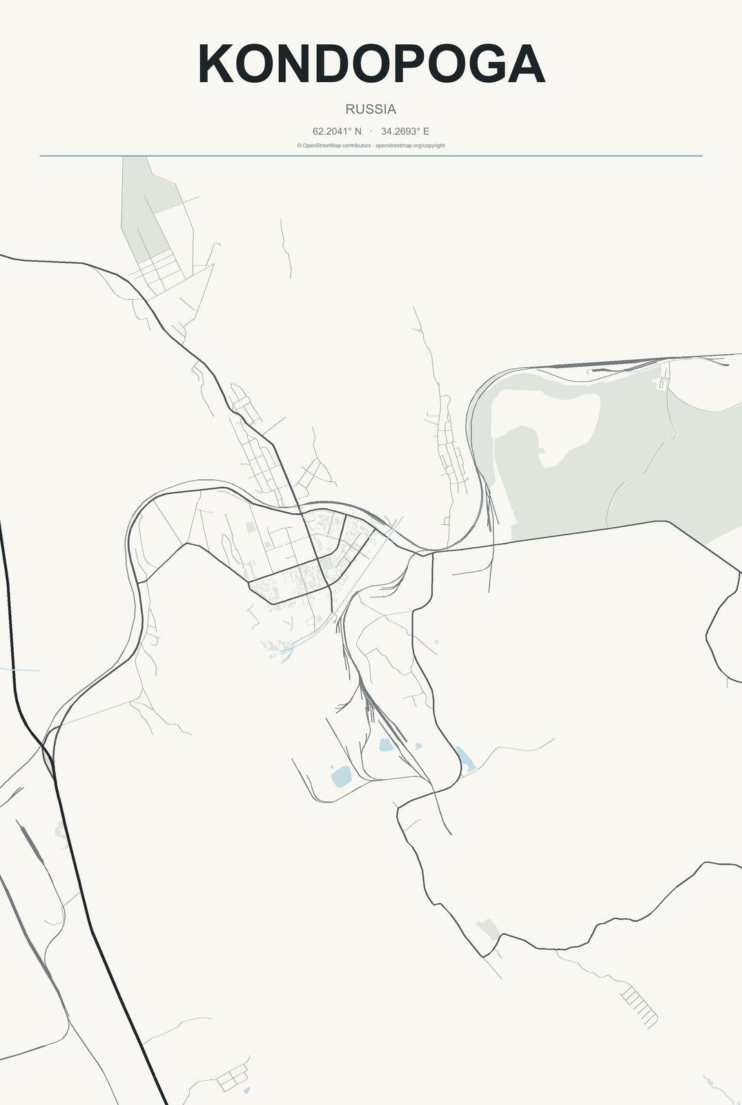 Kondopoga, Russia City Map Aluminum Sign in Headline Atlas style