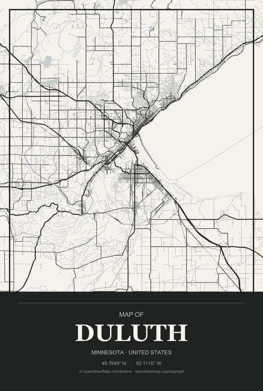 Duluth, Minnesota City Map Aluminum Sign in Museum Plaque style