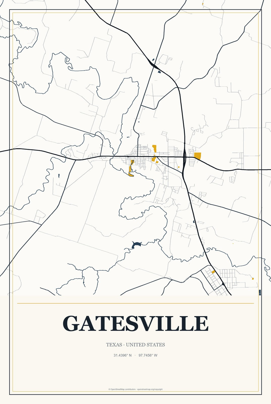 Gatesville, Texas City Map Aluminum Sign in Citrine Modern style