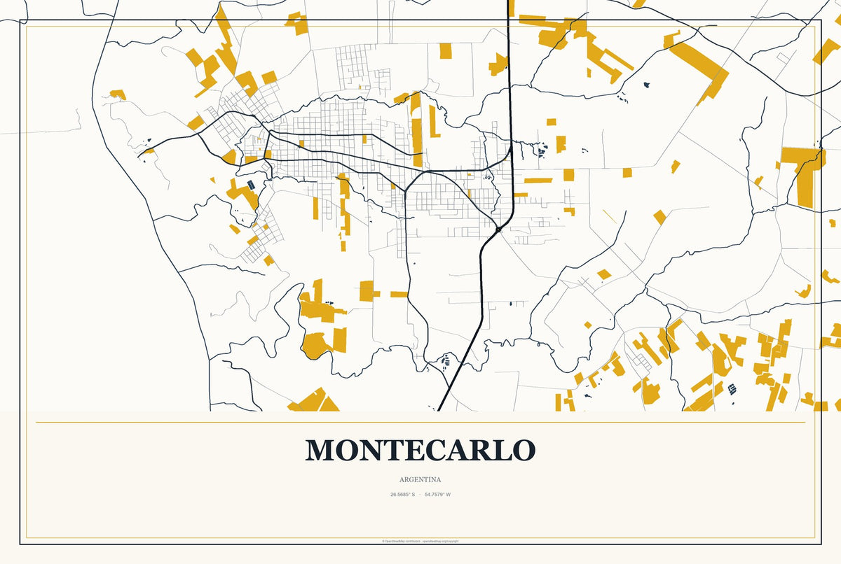 Montecarlo, Argentina City Map Aluminum Sign in Citrine Modern style