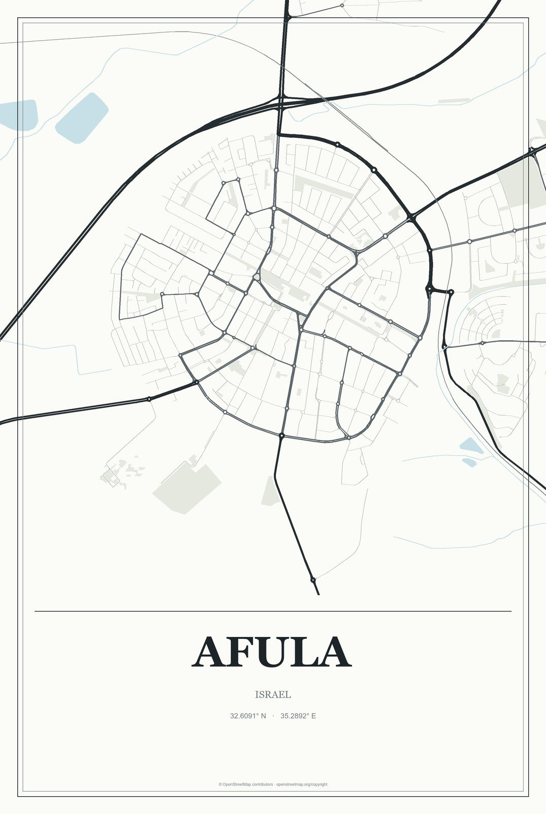 Afula, Israel City Map Aluminum Sign in Gallery Air style