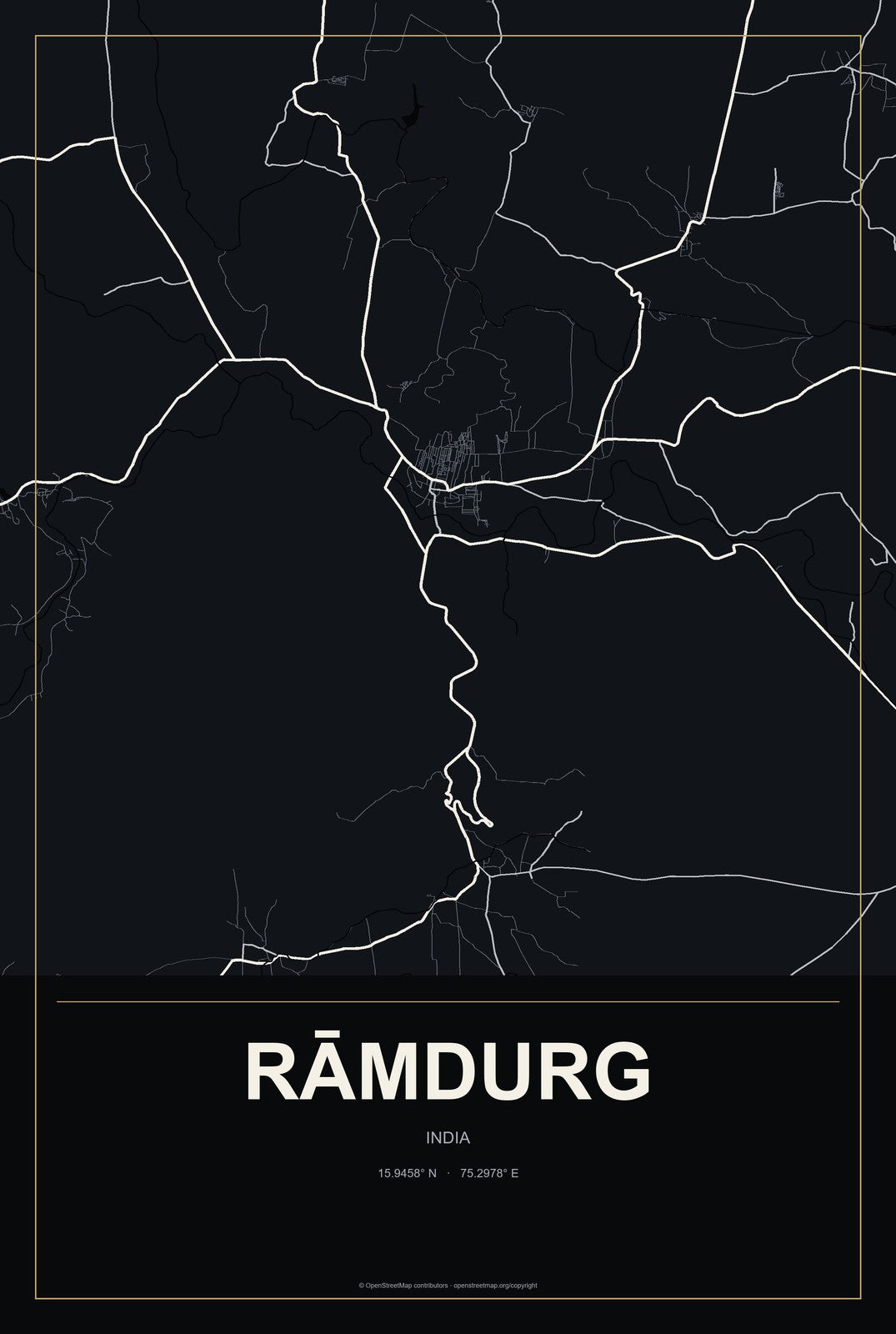 Rāmdurg, India City Map Aluminum Sign in Metropolitan Noir style