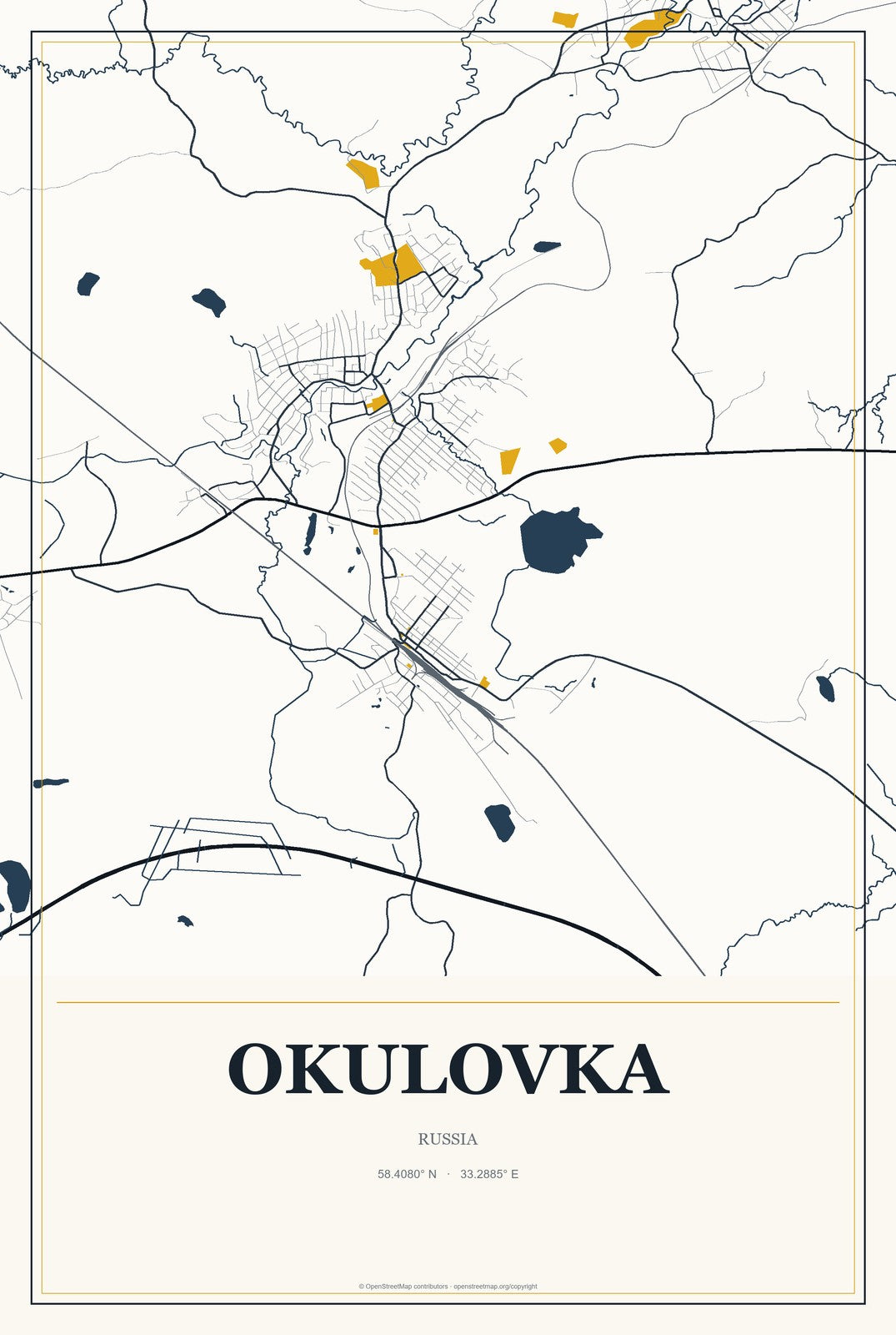Okulovka, Russia City Map Aluminum Sign in Citrine Modern style