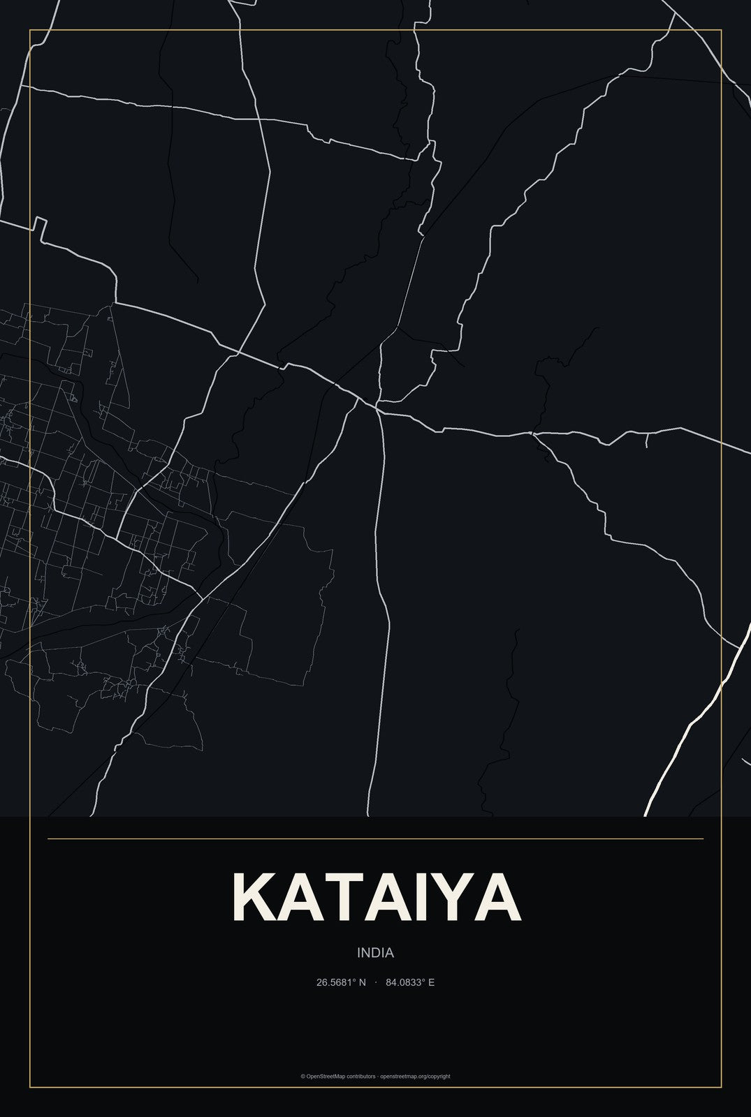 Kataiya, India City Map Aluminum Sign in Metropolitan Noir style