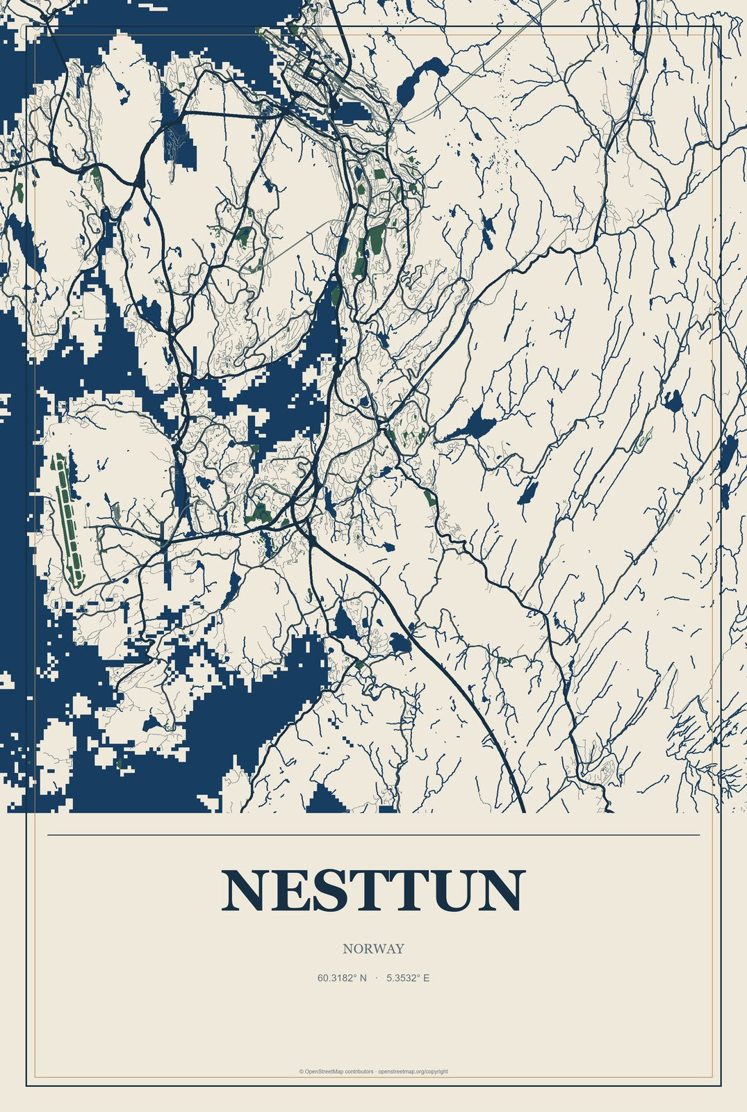 Nesttun, Norway City Map Aluminum Sign in Coastal Cutout style