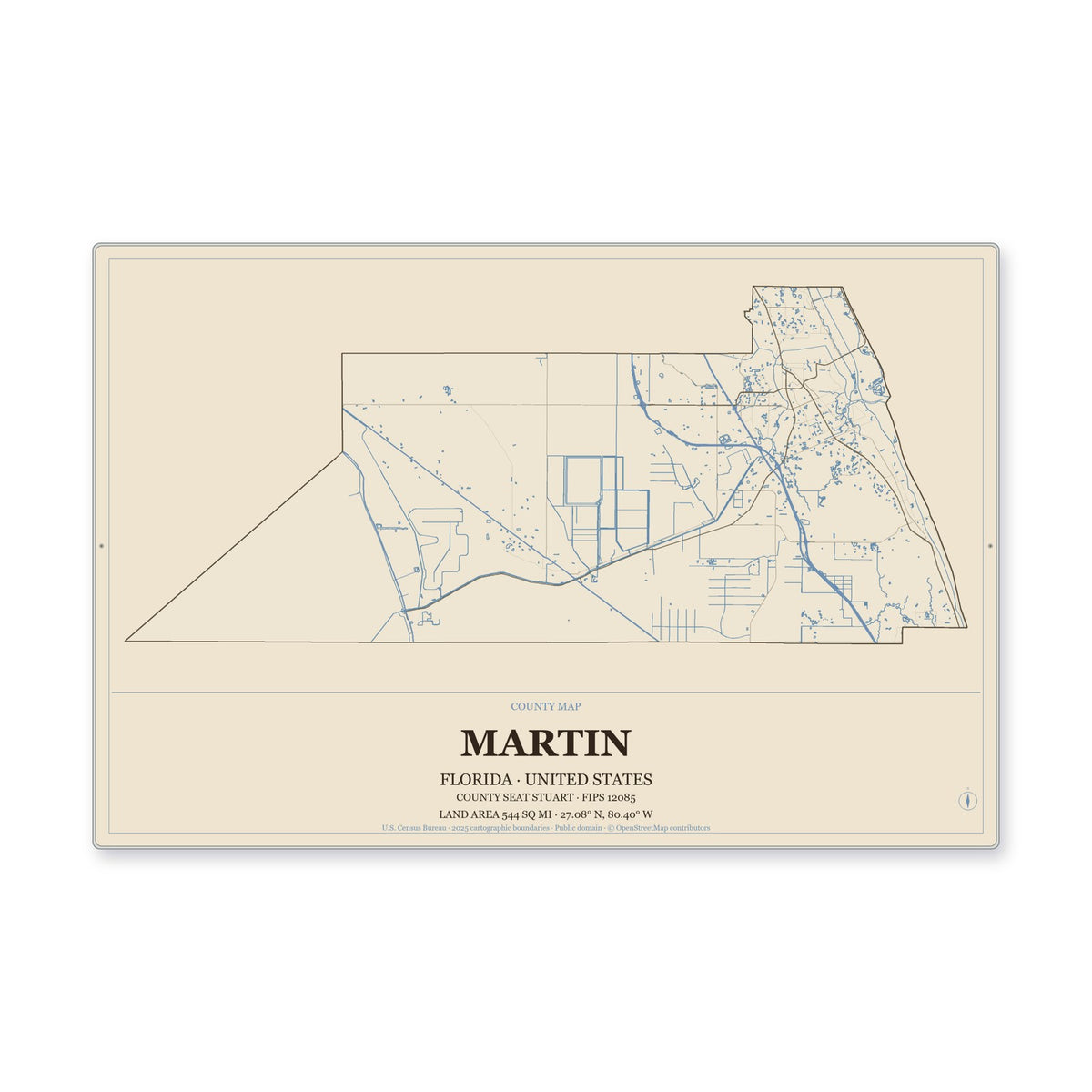 Martin County, Florida Map Aluminum Sign in Heritage Nautical style