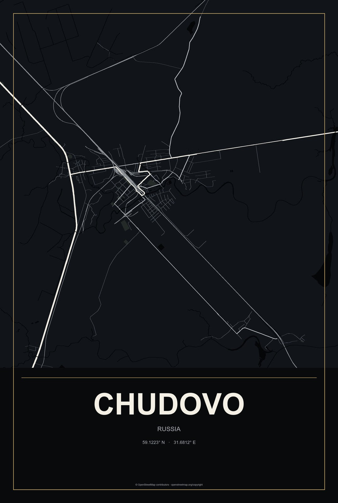 Chudovo, Russia City Map Aluminum Sign in Metropolitan Noir style