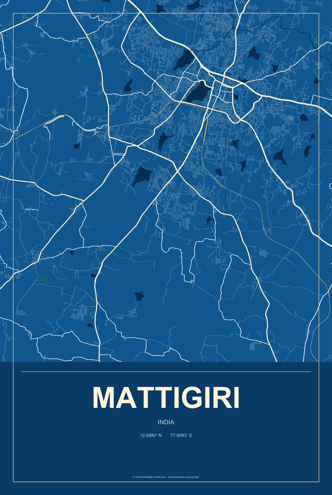 Mattigiri, India City Map Aluminum Sign in Harbor Cobalt style