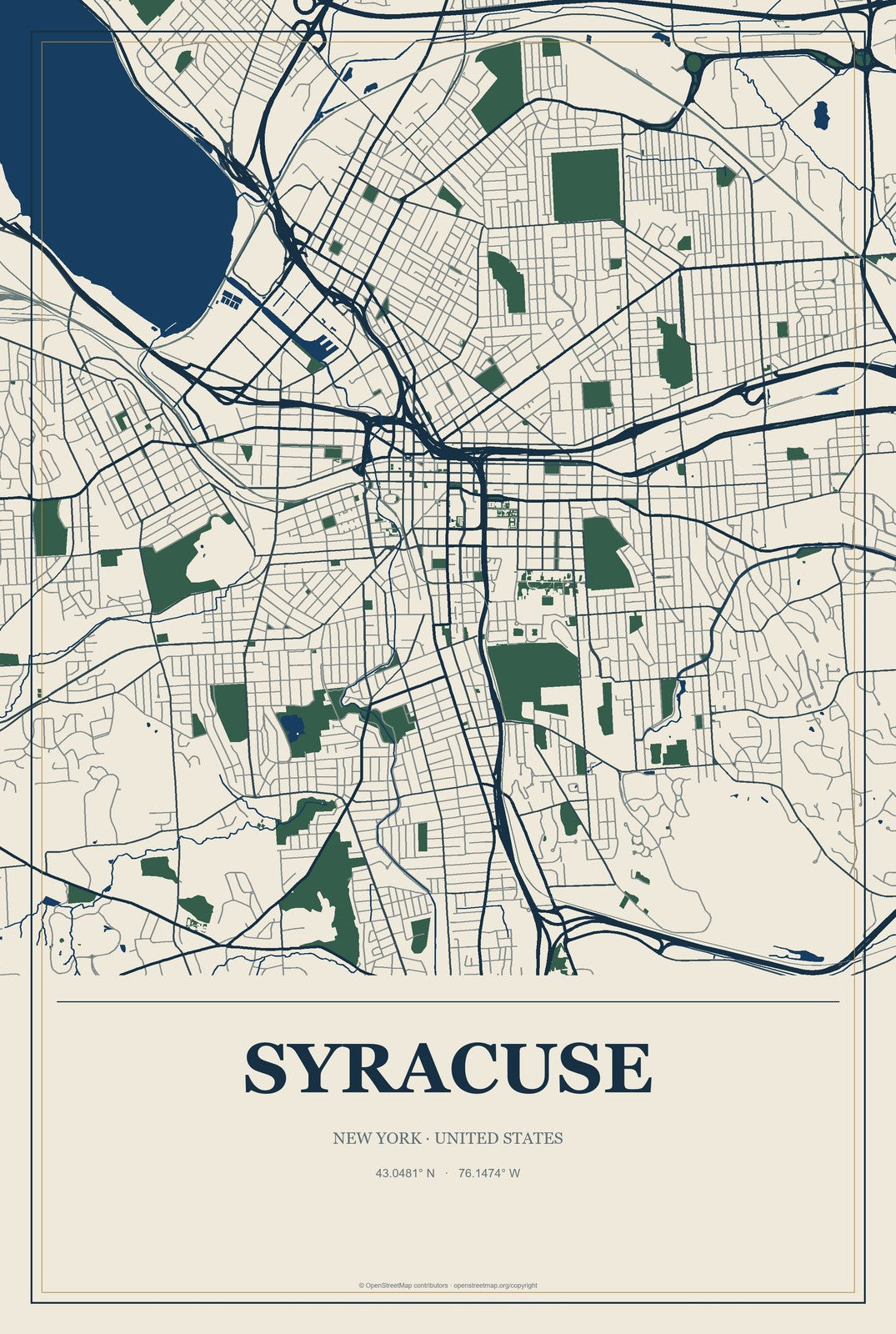 Syracuse, New York City Map Aluminum Sign in Coastal Cutout style