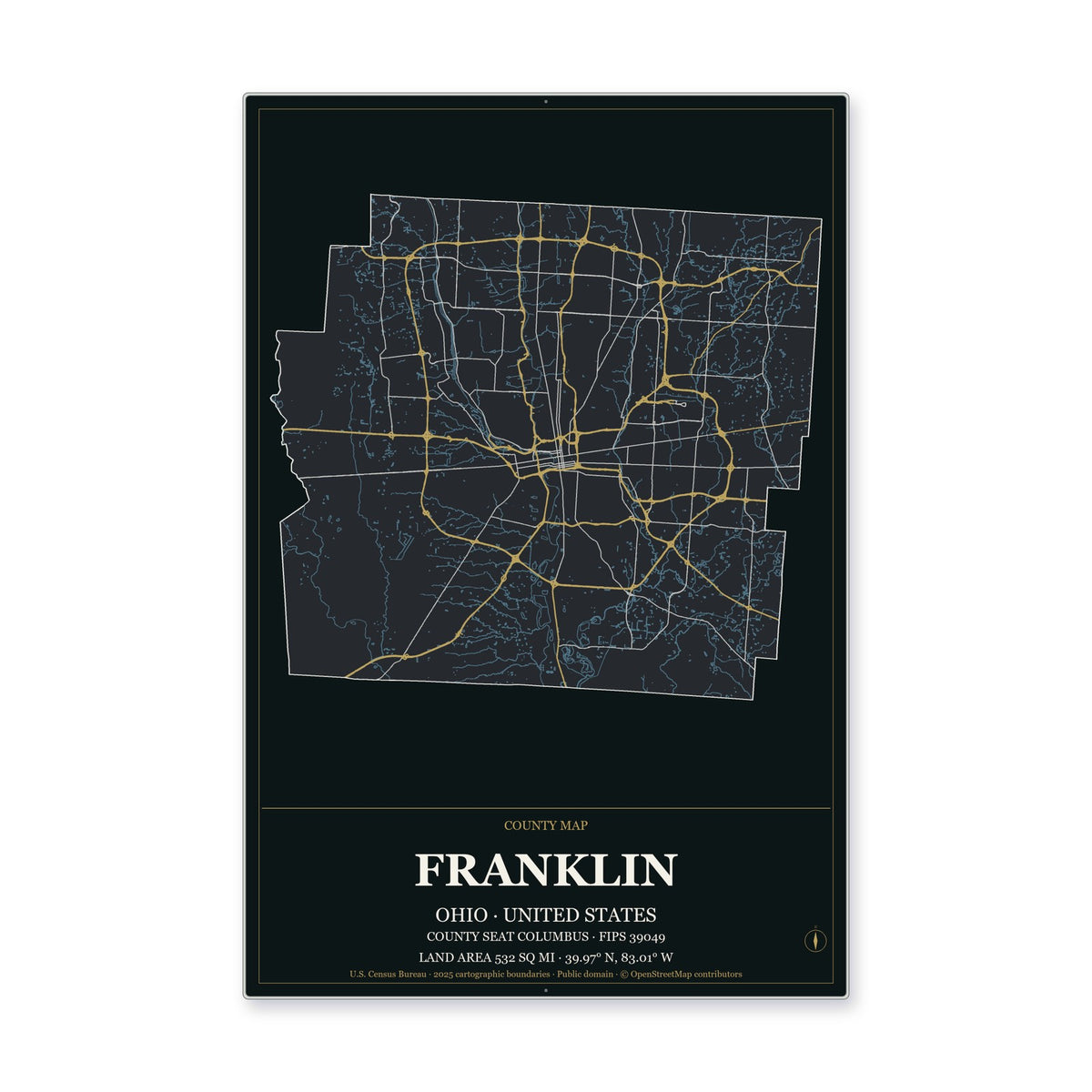 Franklin County, Ohio Map Aluminum Sign in Metropolitan Noir style