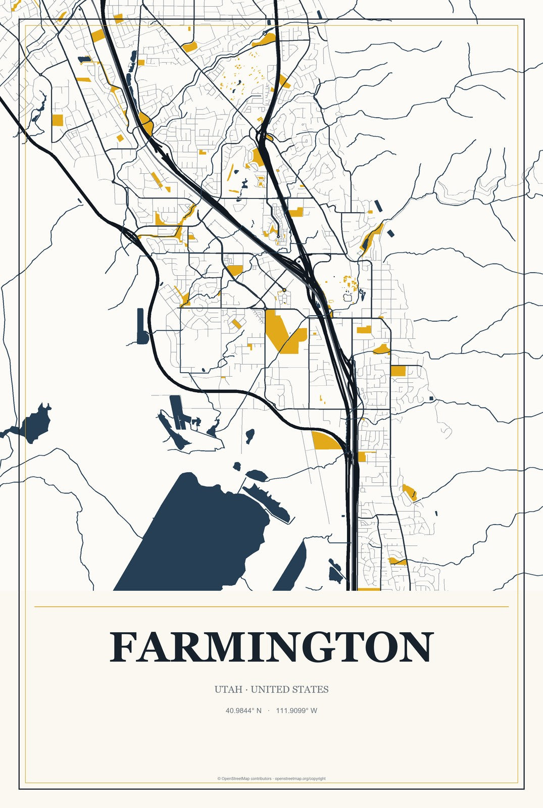 Farmington, Utah City Map Aluminum Sign in Citrine Modern style
