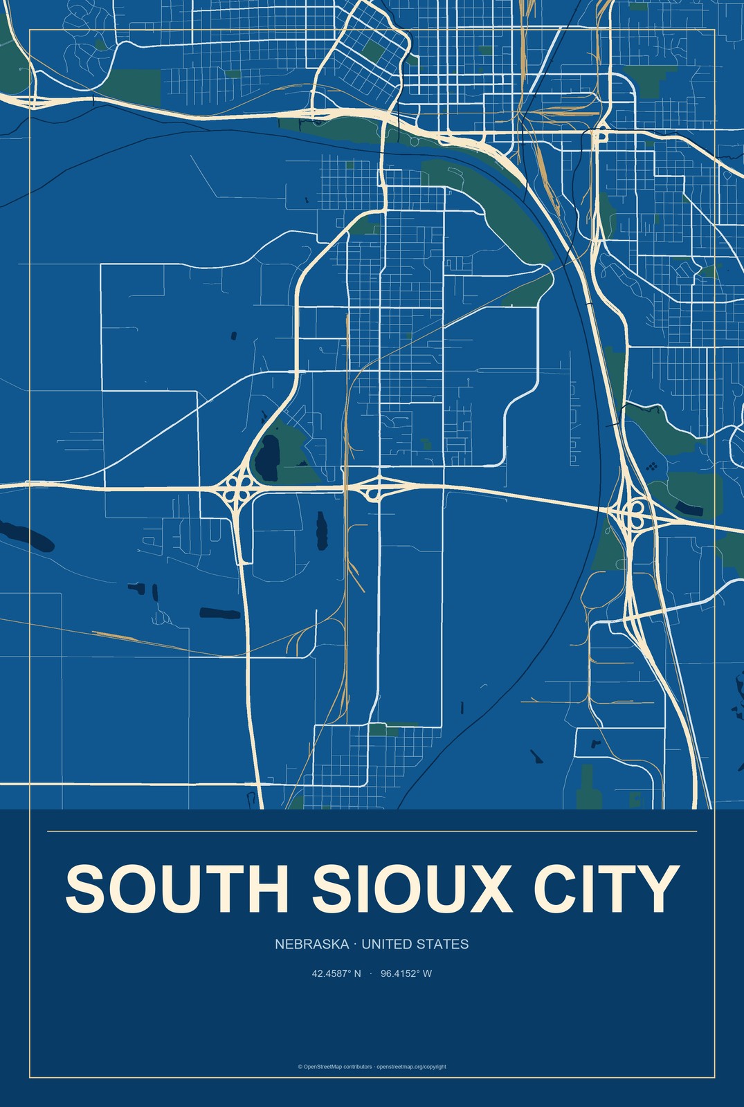 South Sioux City, Nebraska City Map Aluminum Sign in Harbor Cobalt style