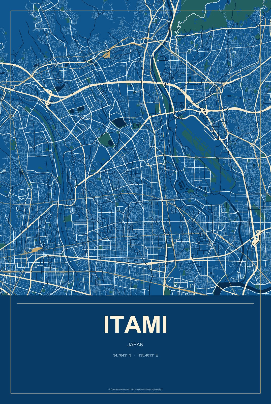 Itami, Japan City Map Aluminum Sign in Harbor Cobalt style