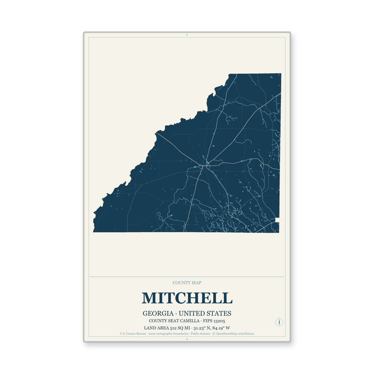 Mitchell County, Georgia Map Aluminum Sign in Coastal Cutout style