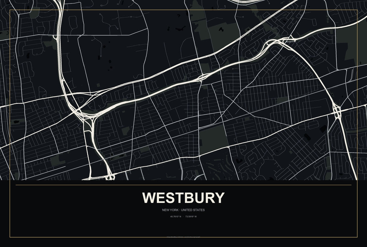 Westbury, New York City Map Aluminum Sign in Metropolitan Noir style