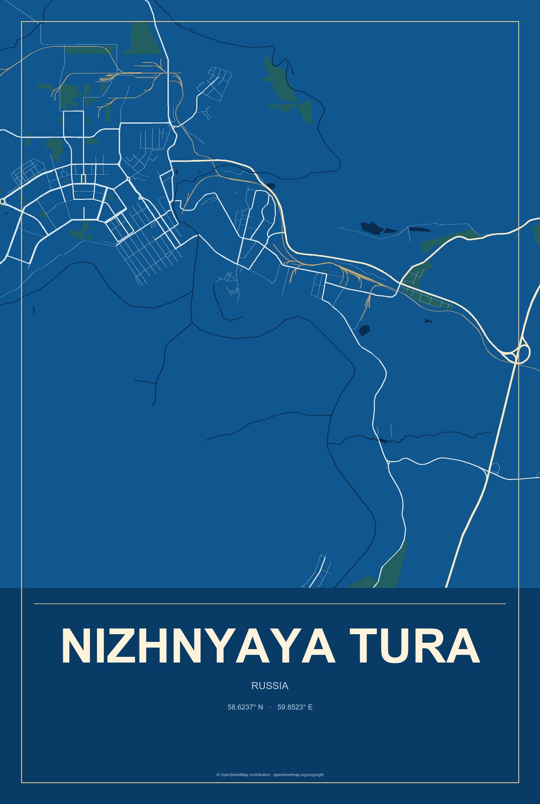 Nizhnyaya Tura, Russia City Map Aluminum Sign in Harbor Cobalt style