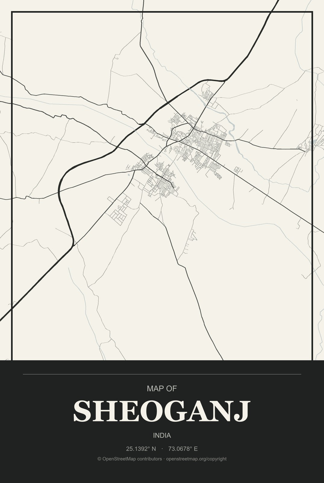 Sheoganj, India City Map Aluminum Sign in Museum Plaque style