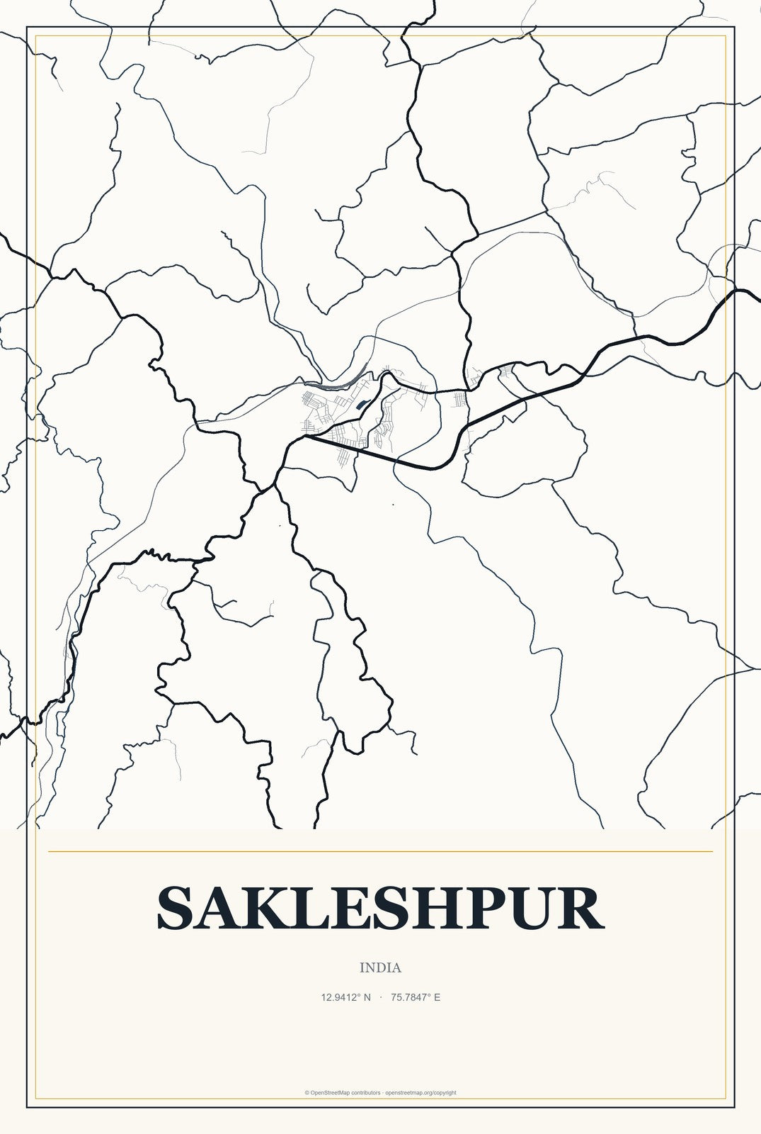 Sakleshpur, India City Map Aluminum Sign in Citrine Modern style