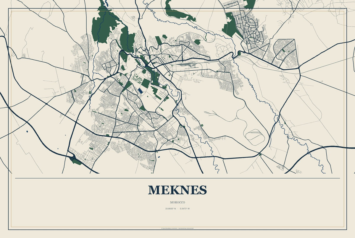 Meknes, Morocco City Map Aluminum Sign in Coastal Cutout style