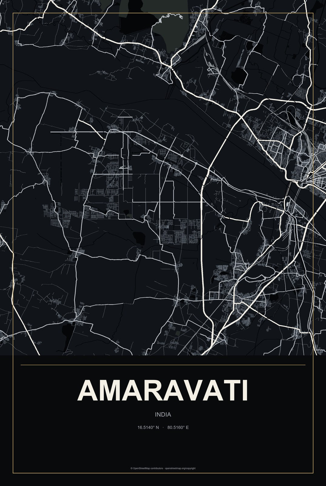 Amaravati, India City Map Aluminum Sign in Metropolitan Noir style
