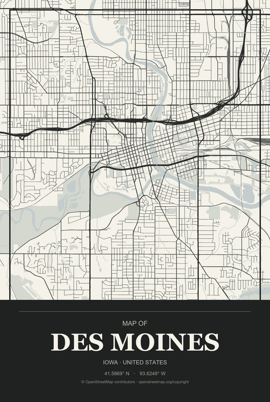 Des Moines, Iowa City Map Aluminum Sign in Museum Plaque style