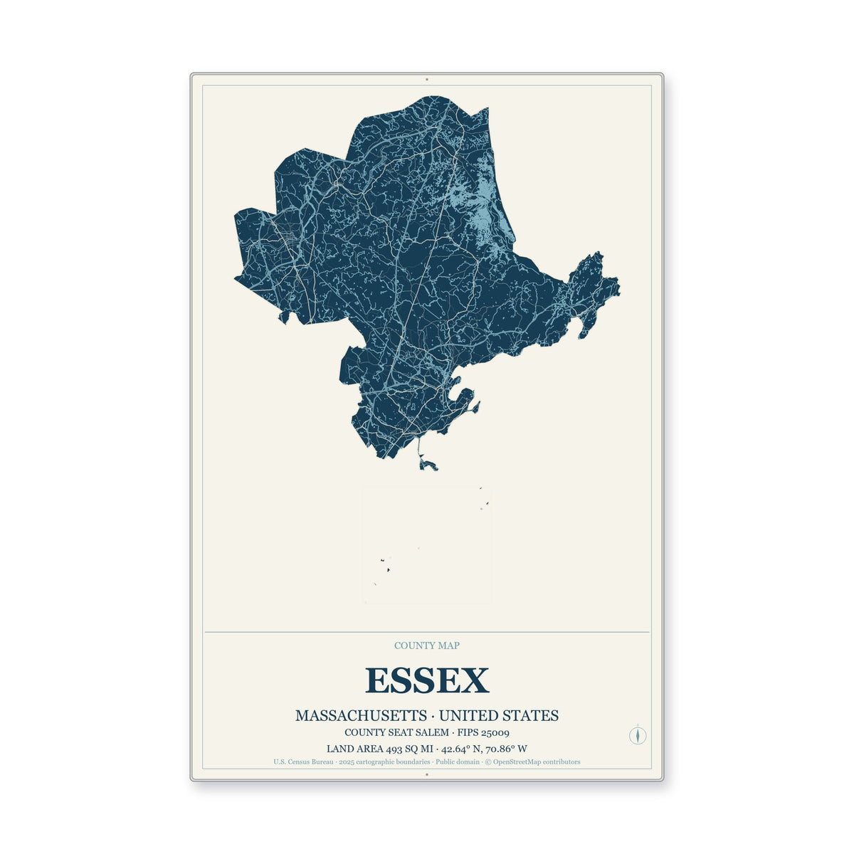 Essex County, Massachusetts Map Aluminum Sign in Coastal Cutout style