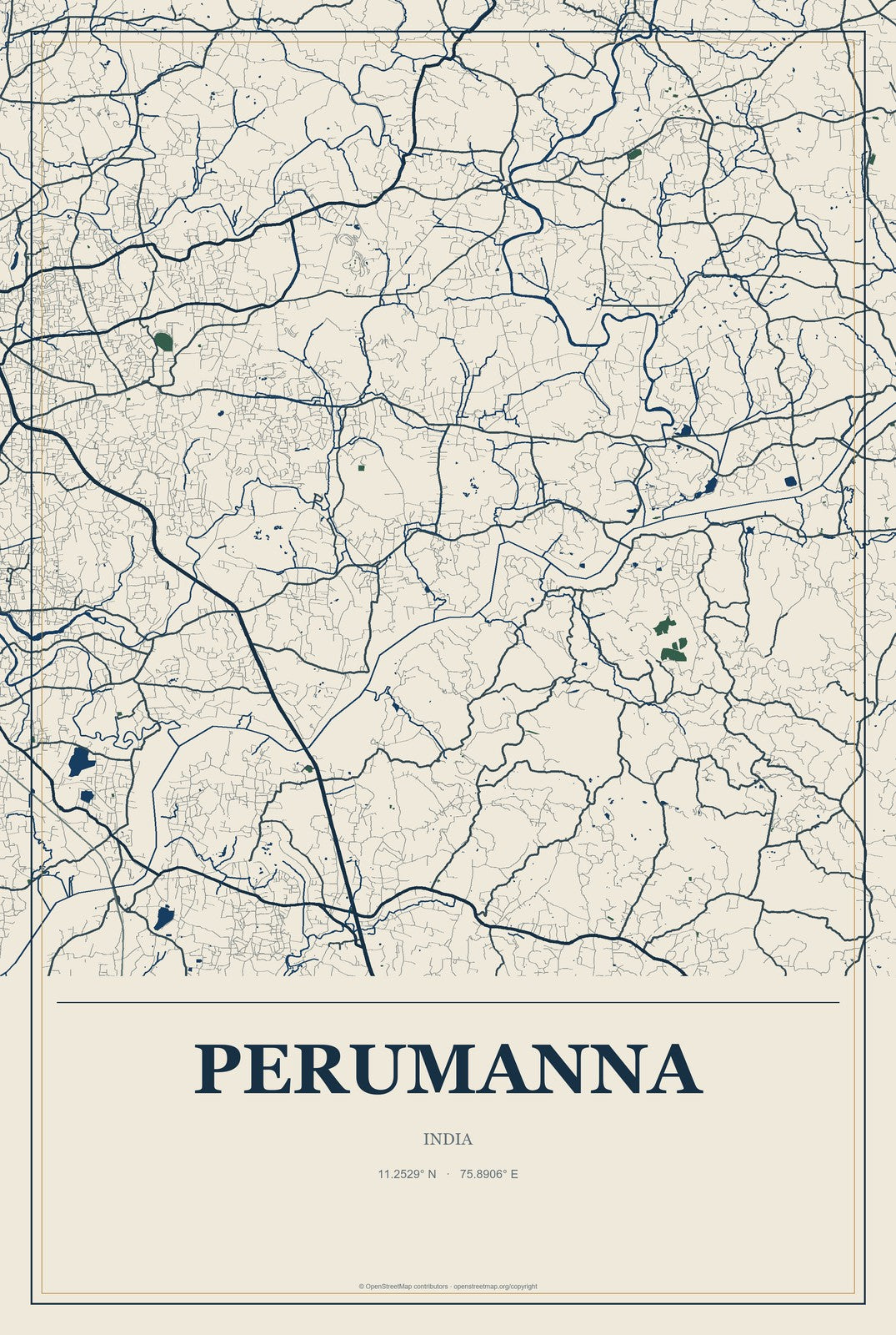 Perumanna, India City Map Aluminum Sign in Coastal Cutout style