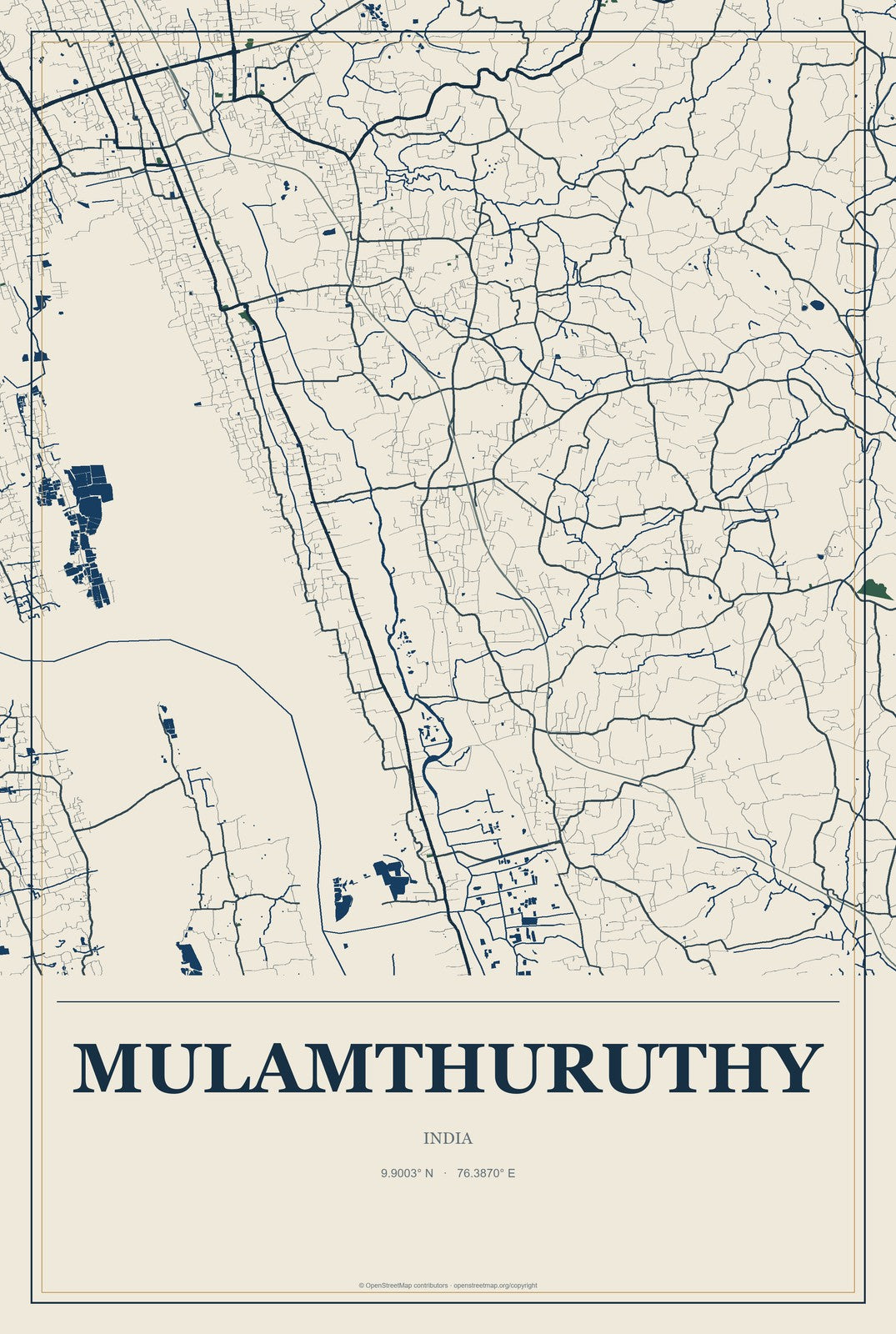 Mulamthuruthy, India City Map Aluminum Sign in Coastal Cutout style