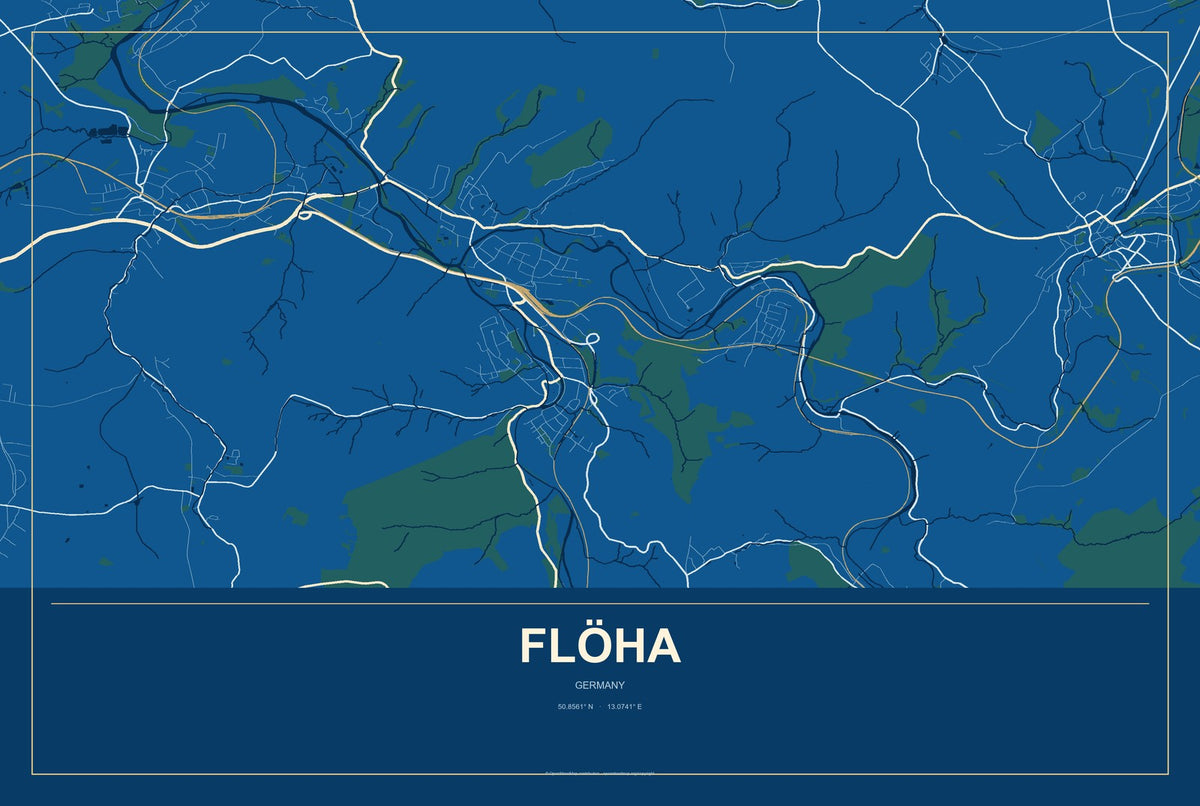 Flöha, Germany City Map Aluminum Sign in Harbor Cobalt style