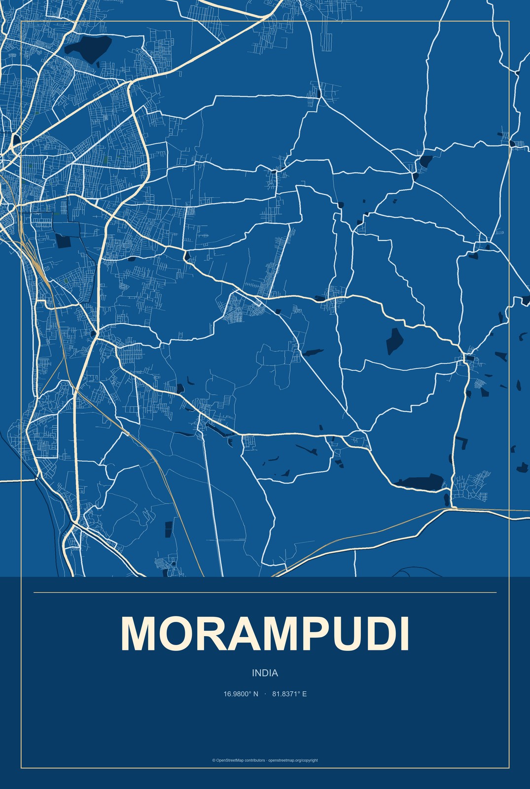 Morampudi, India City Map Aluminum Sign in Harbor Cobalt style